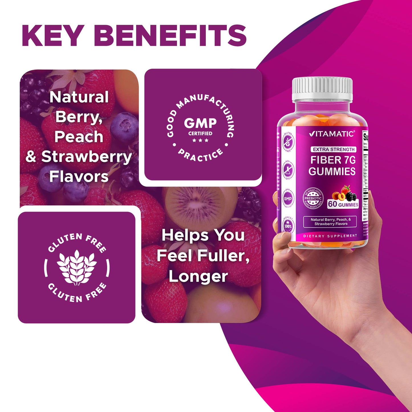 Vitamatic Prebiotic Fiber Gummies for Adults - 7G Fiber