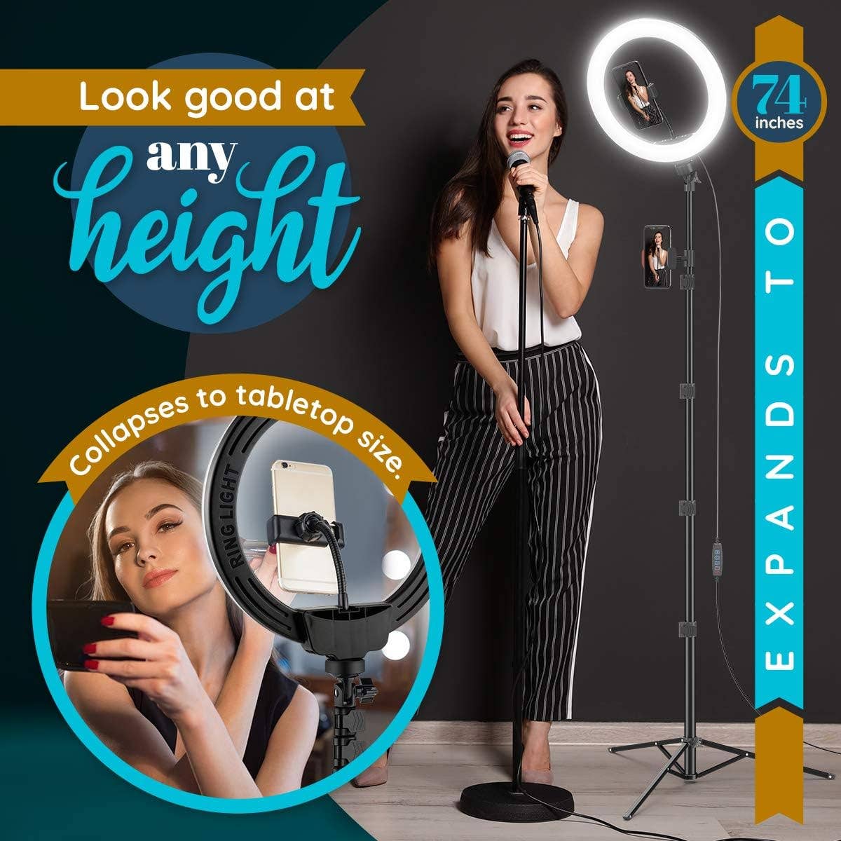 10" Ring Light Tripod with LEDs, Dual Phone Holders - for Ma