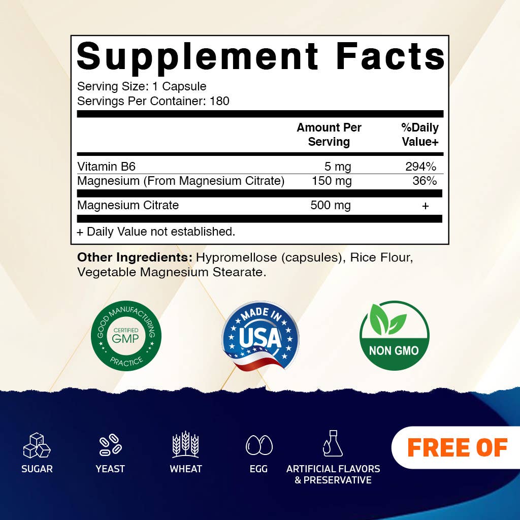 Vitamatic Magnesium Citrate 500mg | 180 Vegetarian Capsules